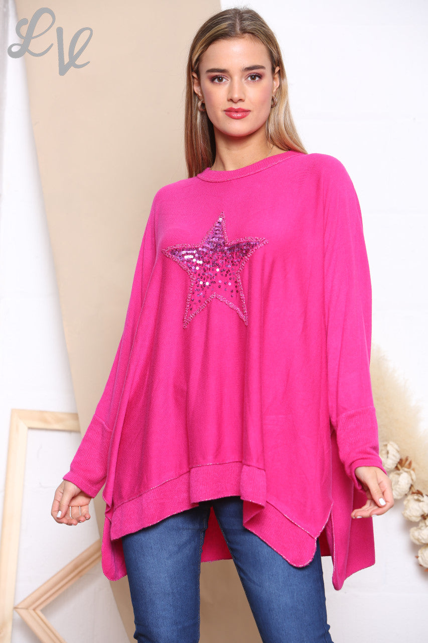 Ladies Sequin Star Fine Knit Jumper Top Cerise