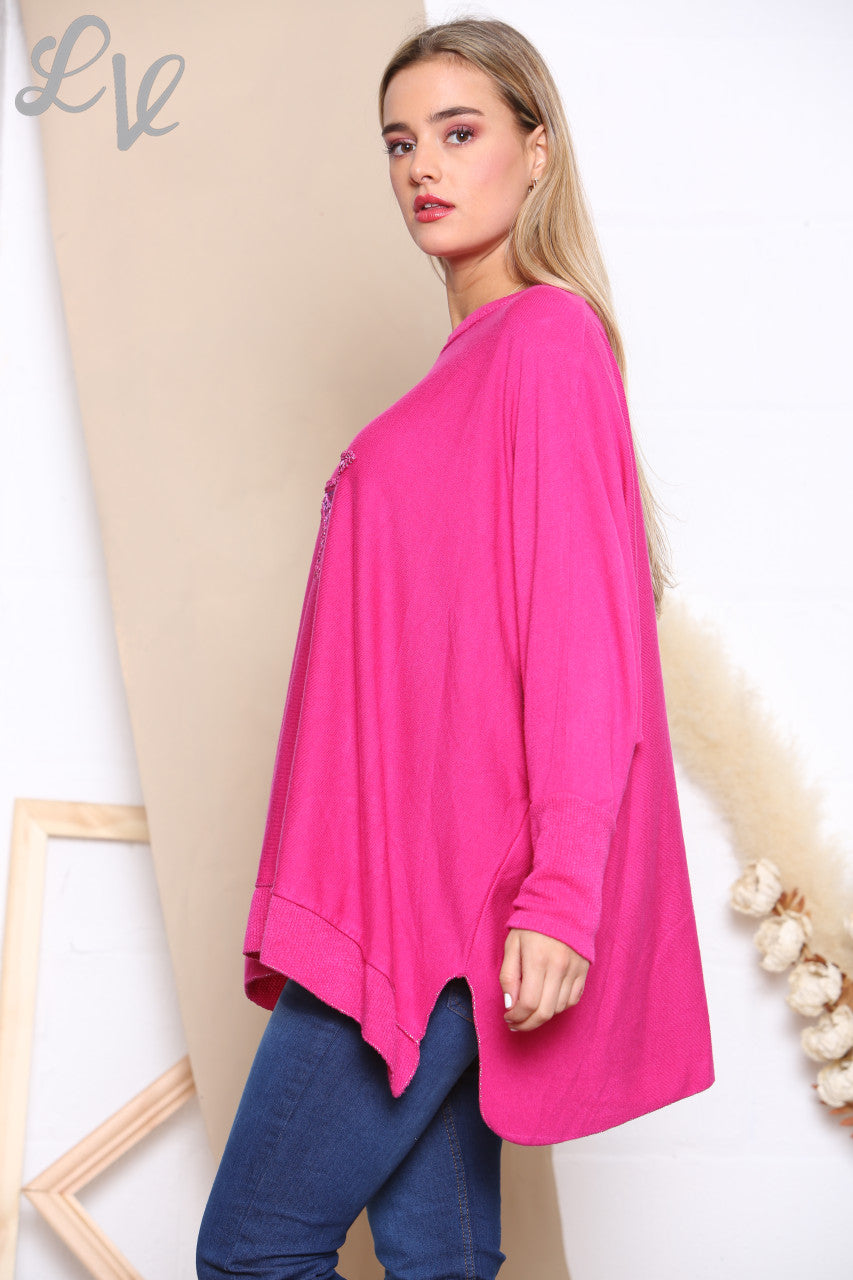 Ladies Sequin Star Fine Knit Jumper Top Cerise