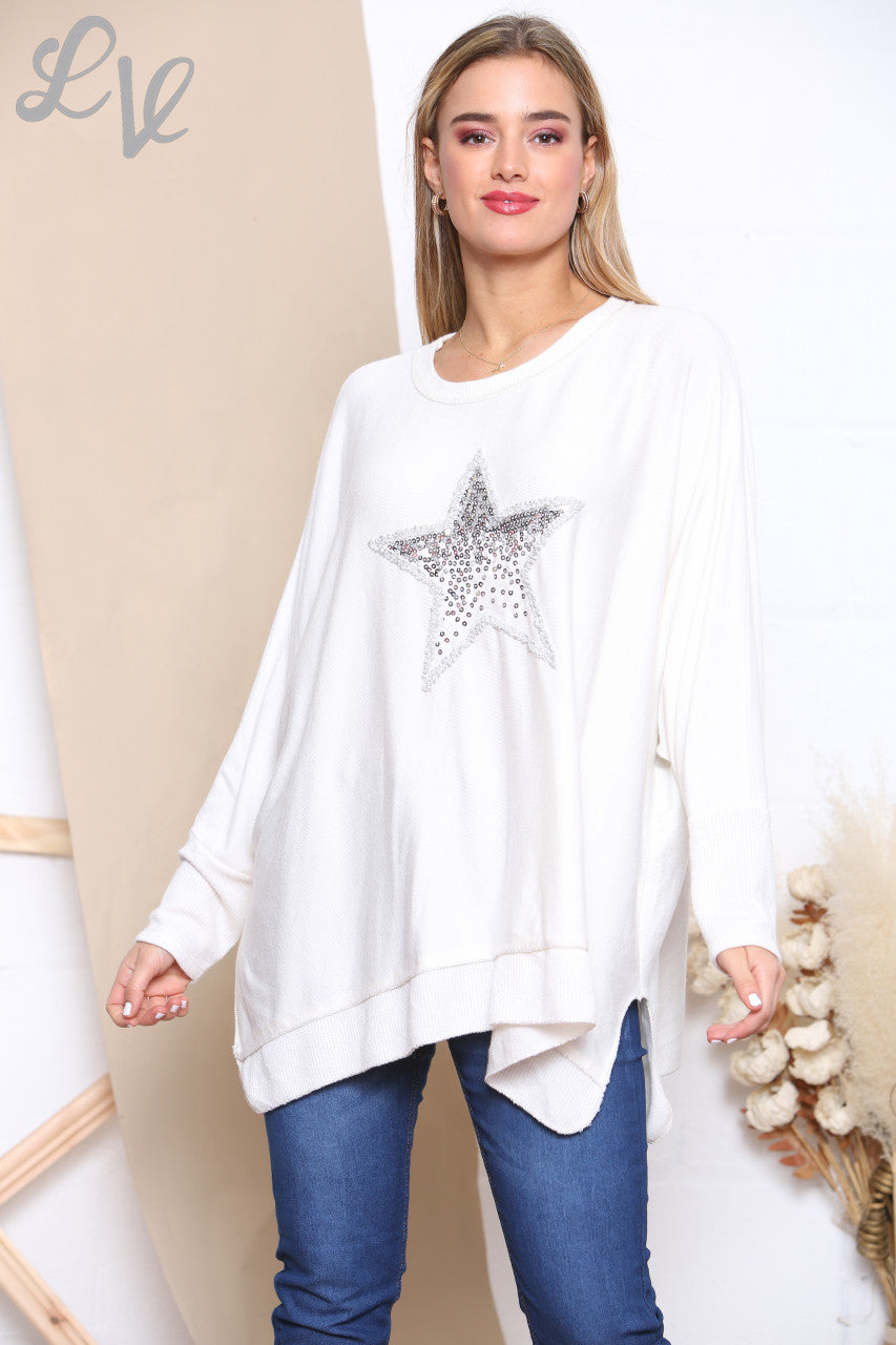 Ladies Sequin Star Fine Knit Jumper Top White