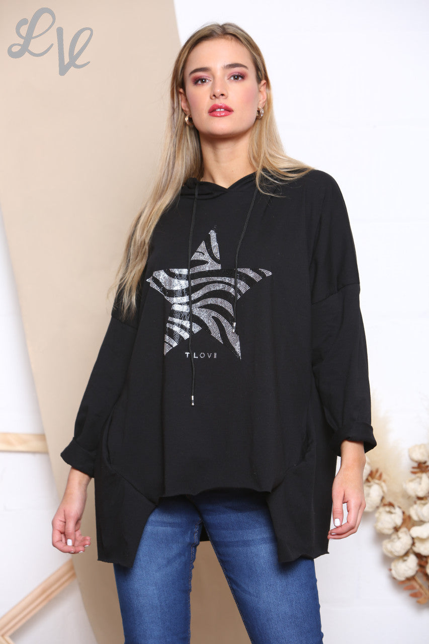 Dames hoodie met pailletten, dierenprint en ster, zwart
