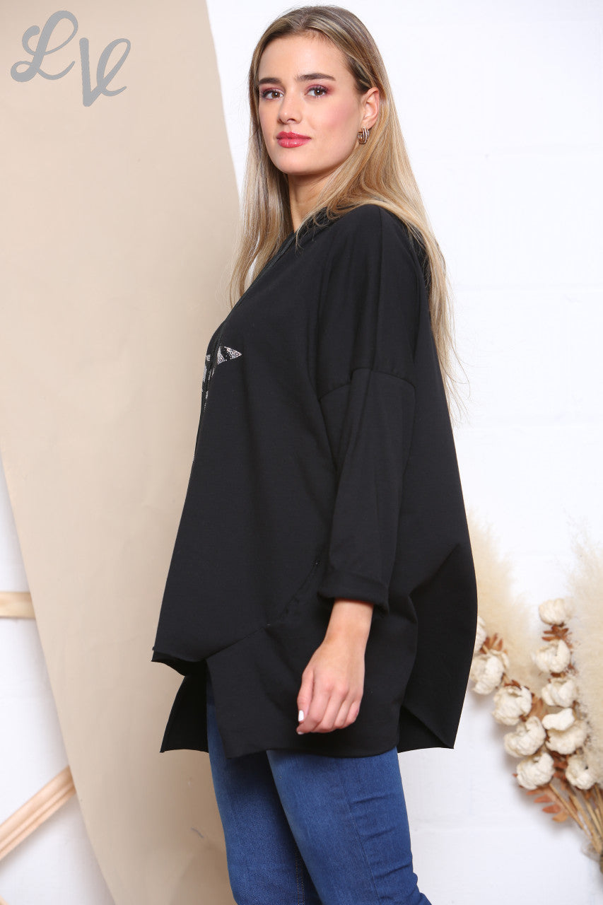 Dames hoodie met pailletten, dierenprint en ster, zwart