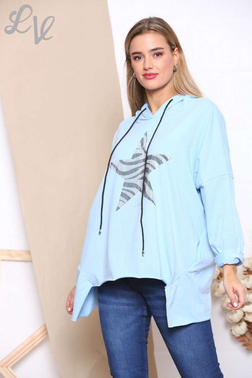 Ladies Sequin Animal Star Hooded Sweatshirt Top Turquoise