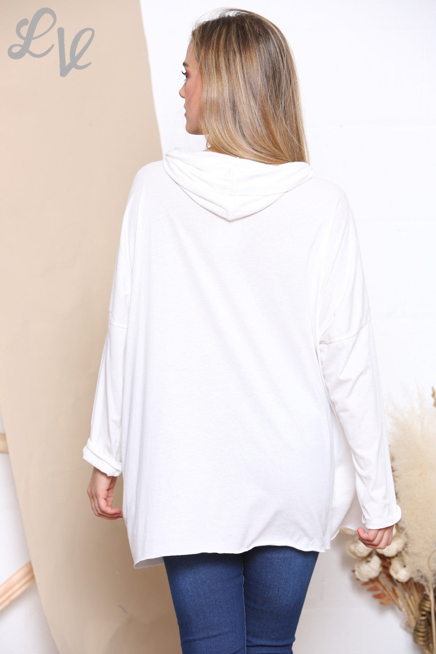 Ladies Sequin Animal Star Hooded Sweatshirt Top White