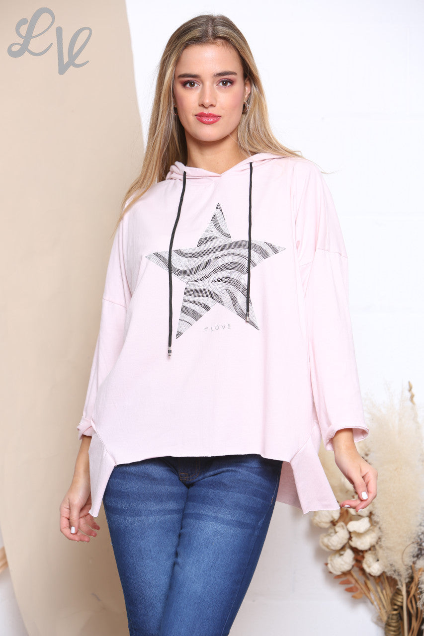 Ladies Sequin Animal Star Hooded Sweatshirt Top Dusty Pink