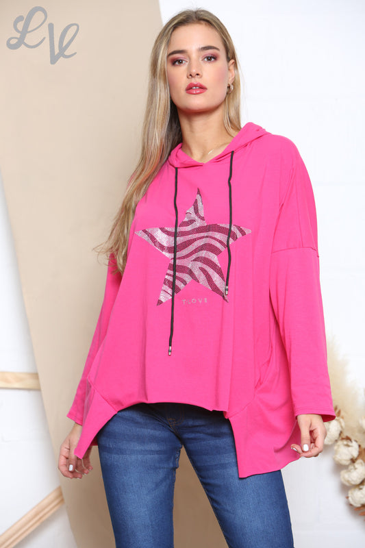 Ladies Sequin Animal Star Hooded Sweatshirt Top Cerise