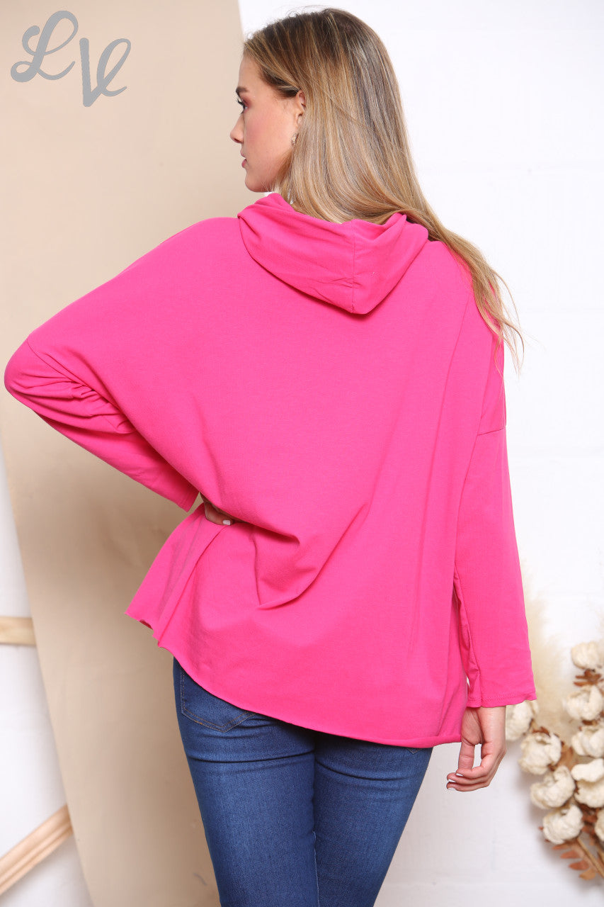 Ladies Sequin Animal Star Hooded Sweatshirt Top Cerise