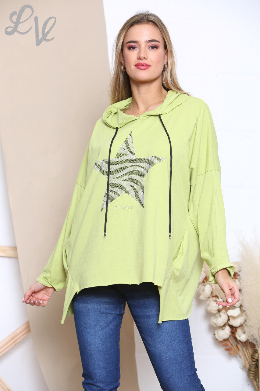 Ladies Sequin Animal Star Hooded Sweatshirt Top Lime