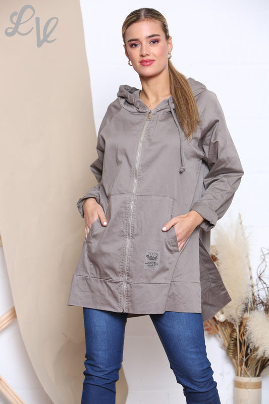 Damesjas met rits en capuchon taupe