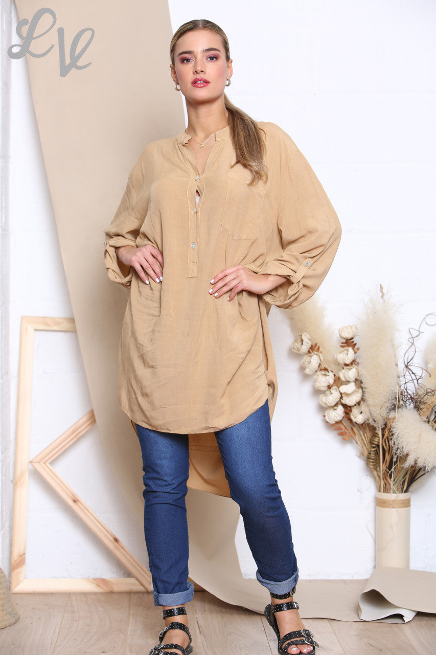 Ladies Longline Floaty Grandad Collar Shirt Tan