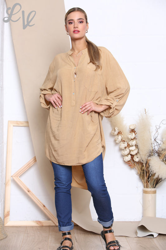 Dames Lange Losvallende Grandadblouse Tan