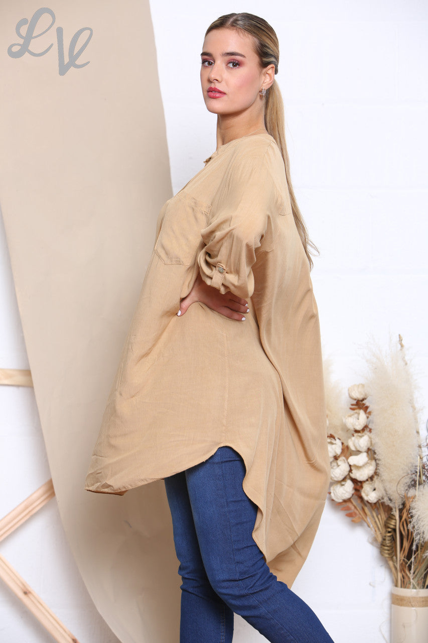 Ladies Longline Floaty Grandad Collar Shirt Tan
