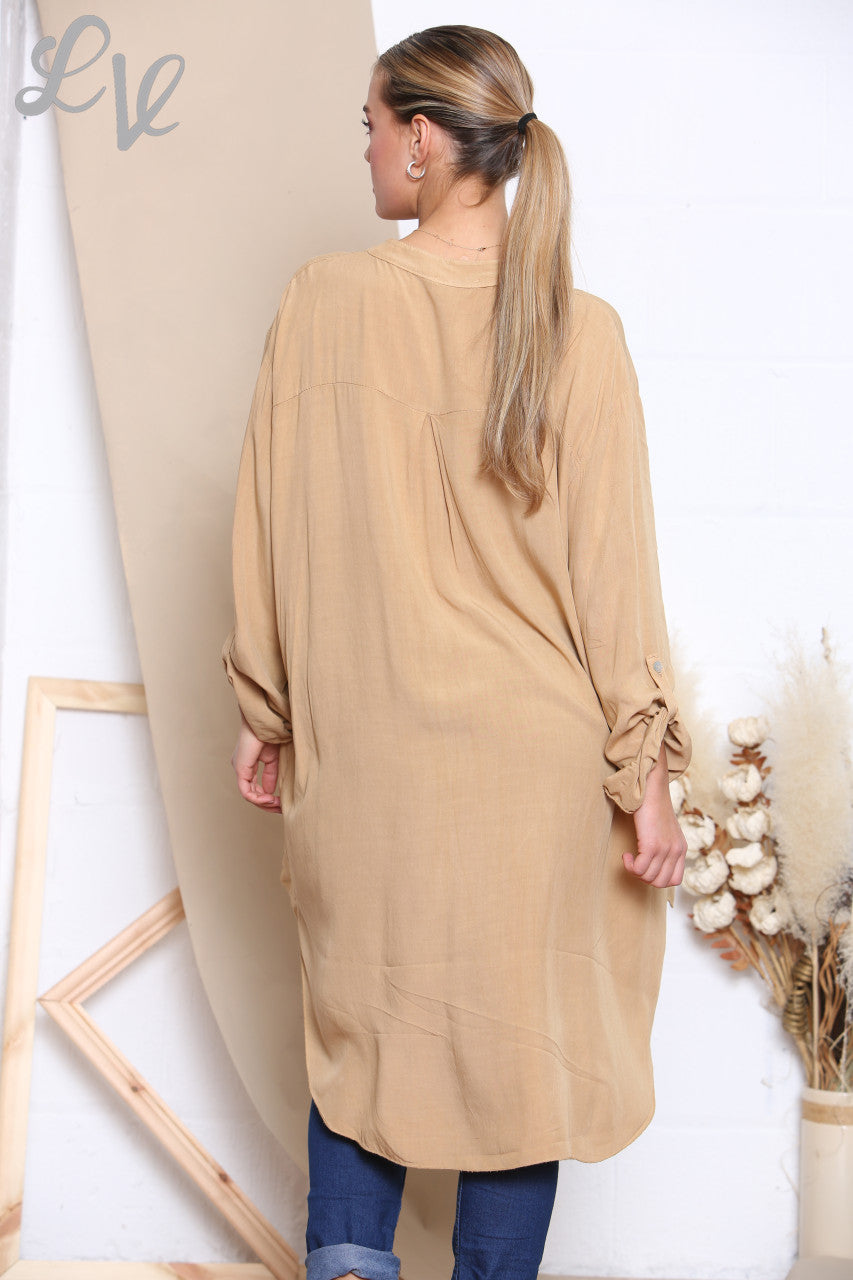 Ladies Longline Floaty Grandad Collar Shirt Tan