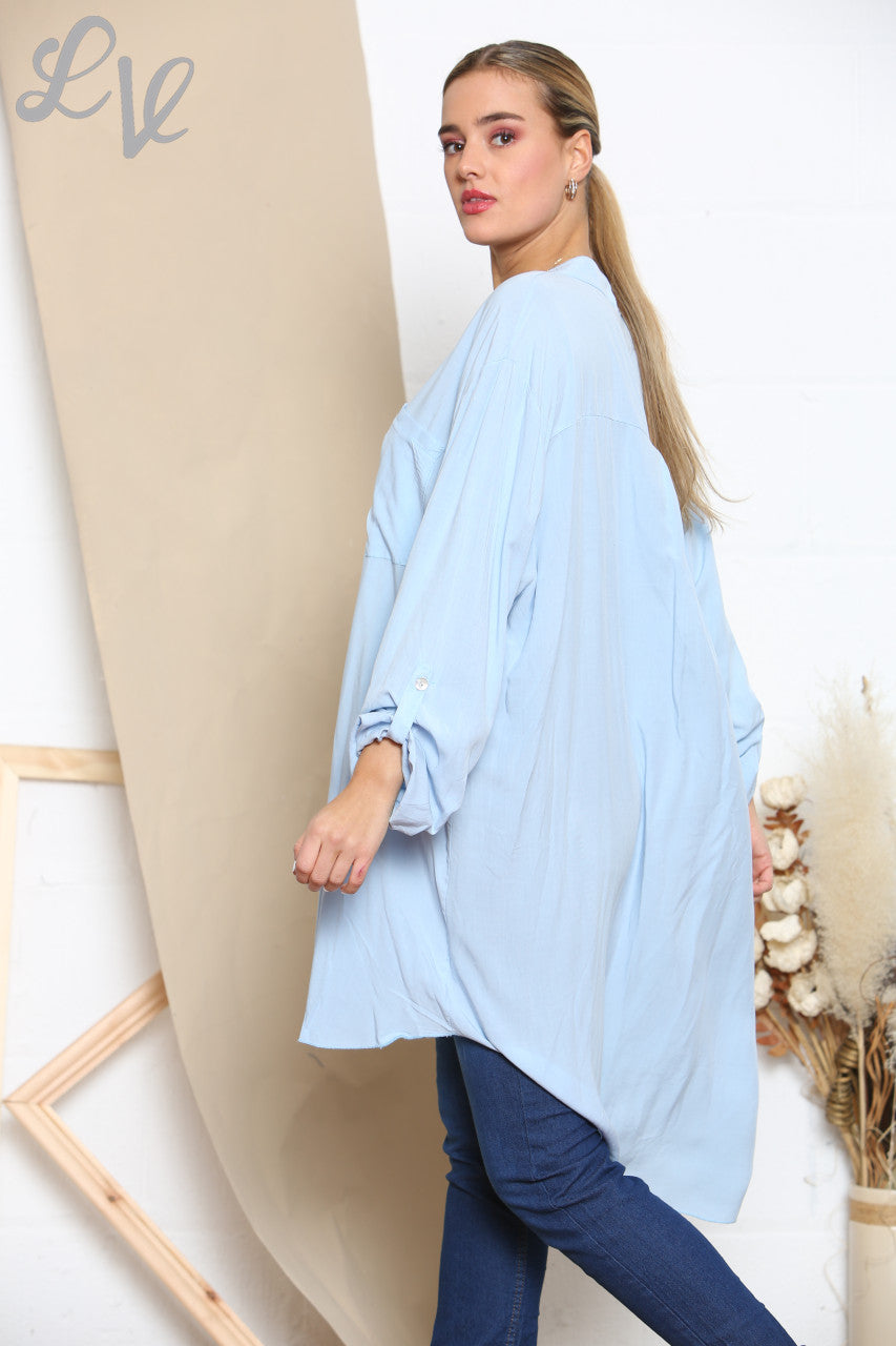 Ladies Longline Floaty Grandad Collar Shirt Sky Blue