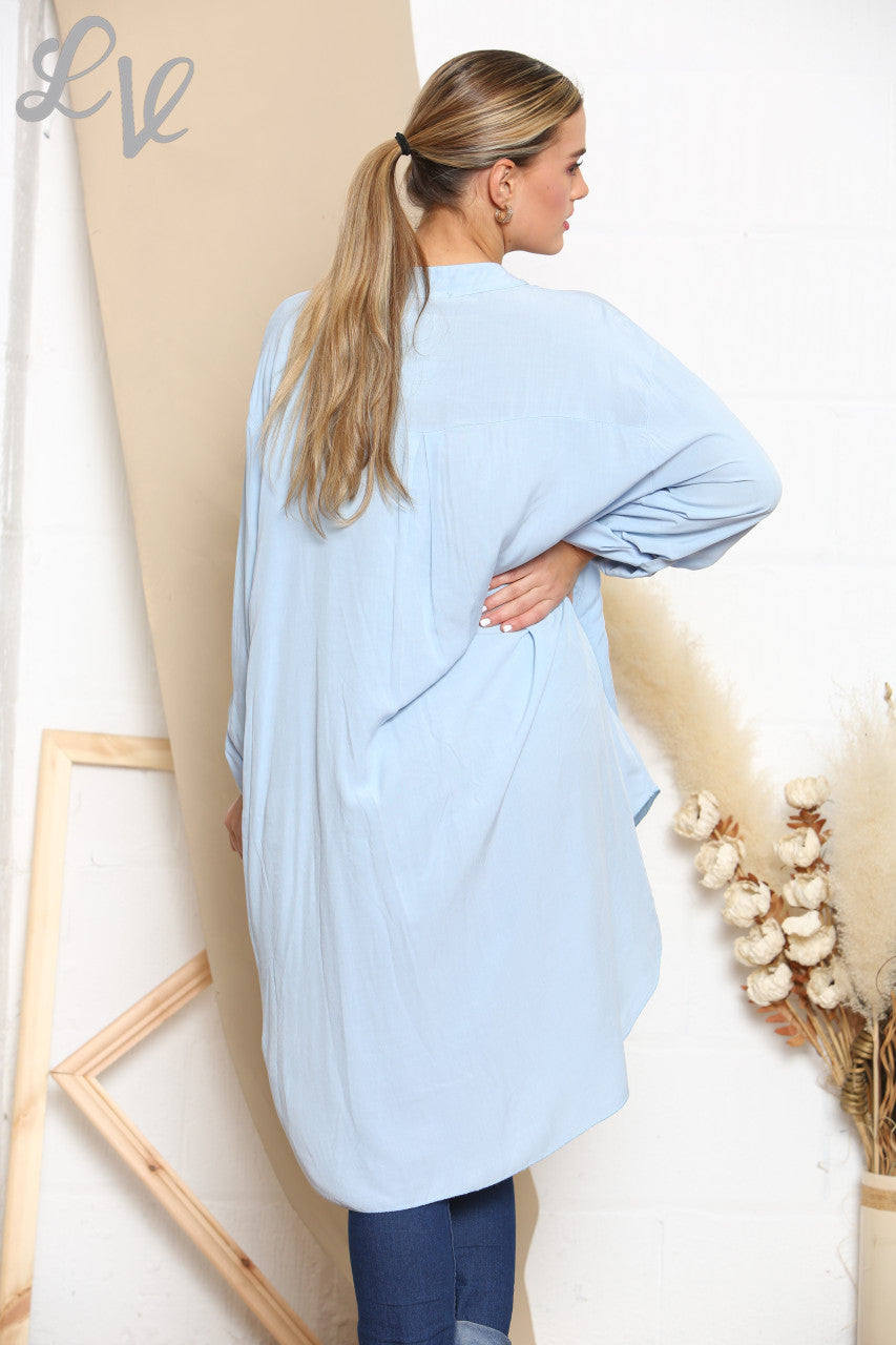 Ladies Longline Floaty Grandad Collar Shirt Sky Blue