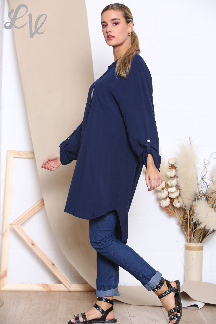 Ladies Longline Floaty Grandad Collar Shirt Navy