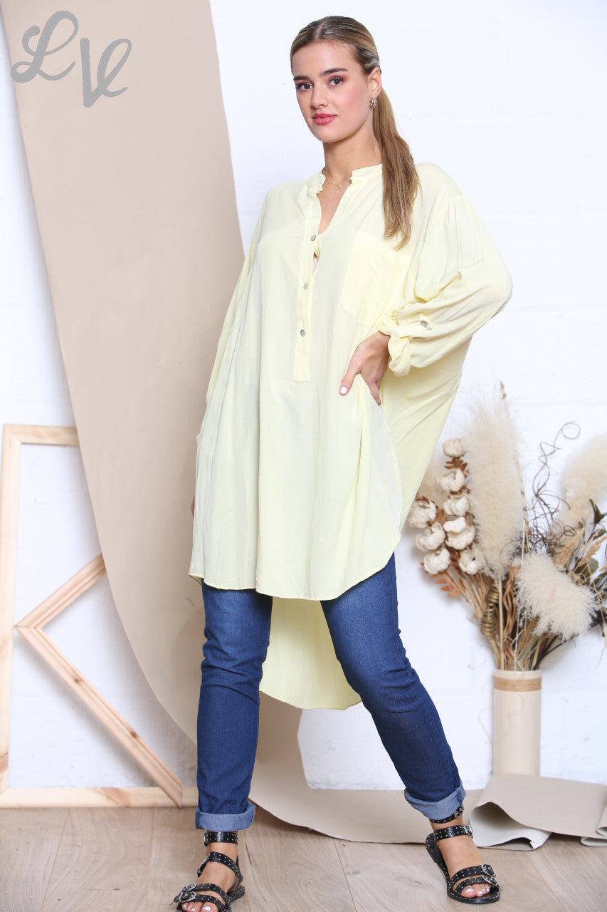 Ladies Longline Floaty Grandad Collar Shirt Lemon