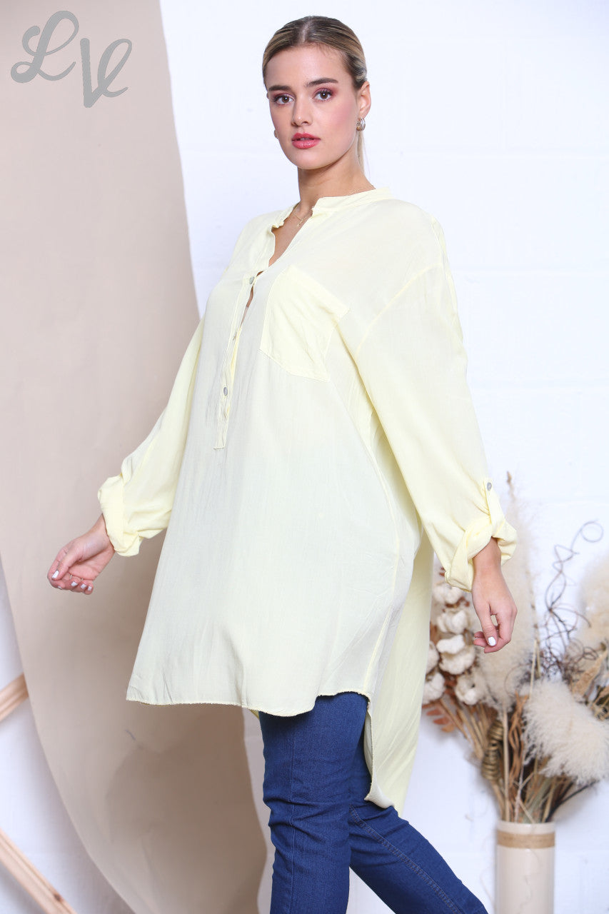 Ladies Longline Floaty Grandad Collar Shirt Lemon