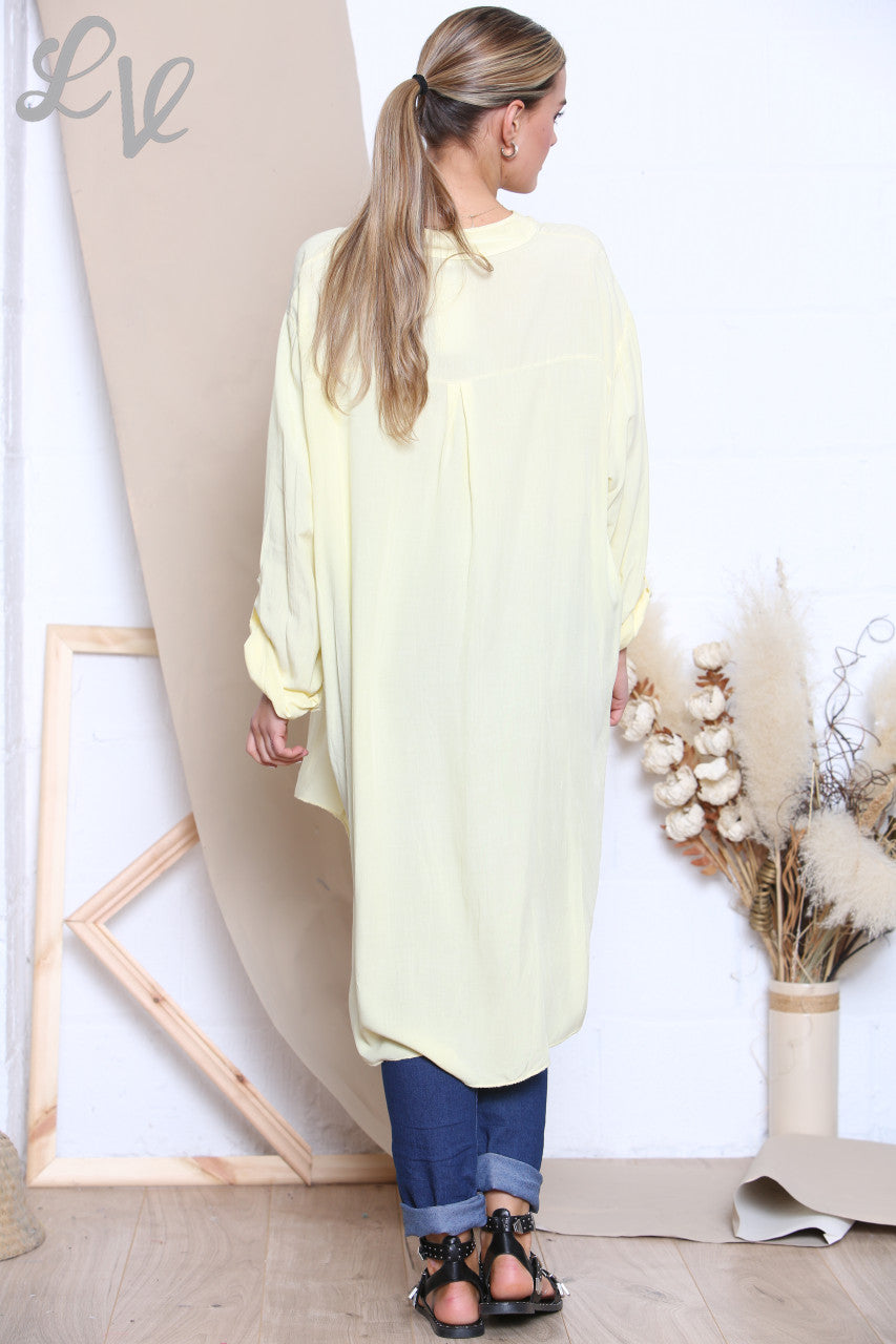 Ladies Longline Floaty Grandad Collar Shirt Lemon