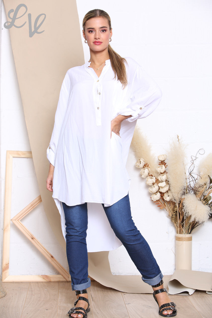Ladies Longline Floaty Grandad Collar Shirt White