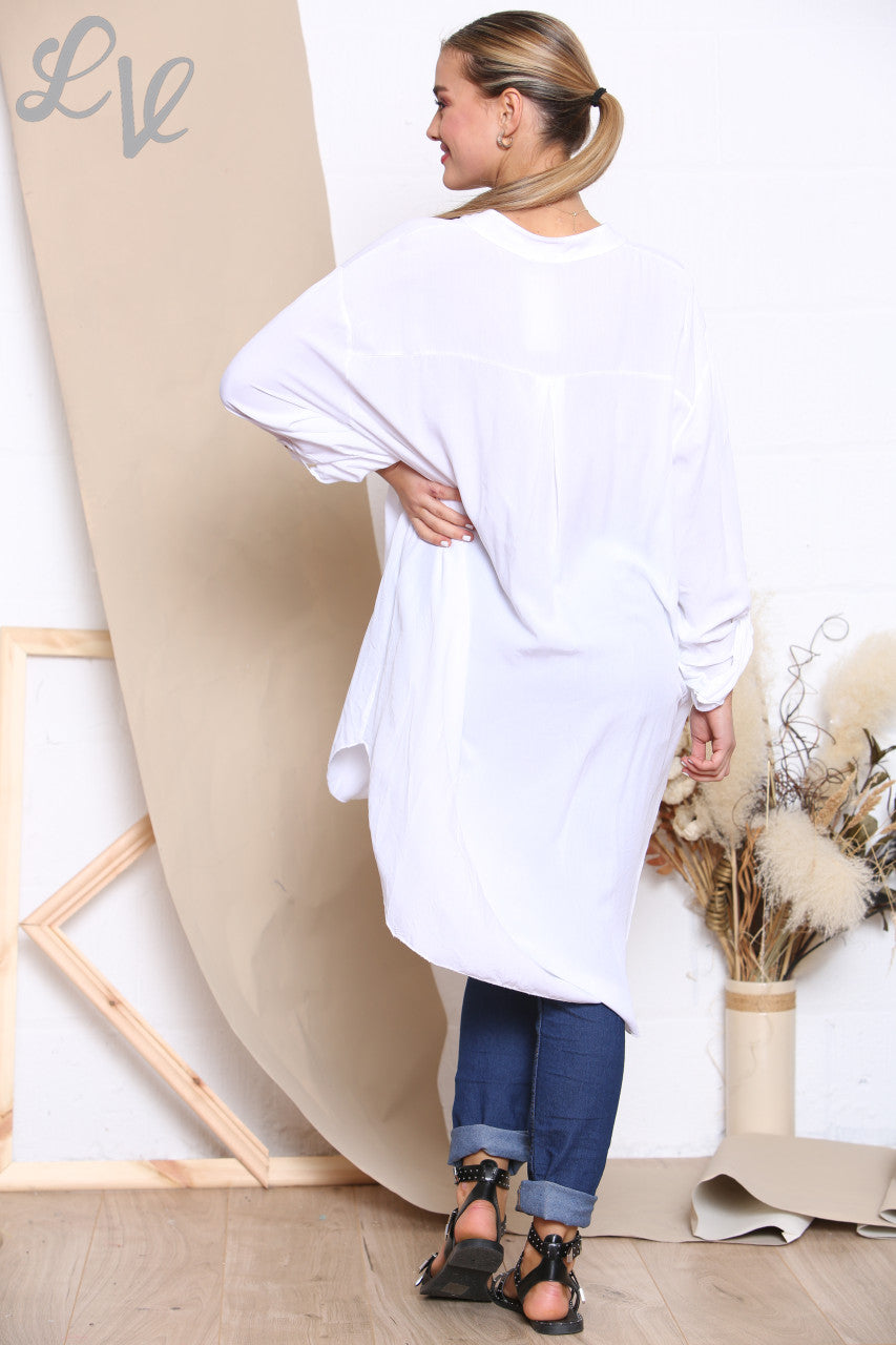 Ladies Longline Floaty Grandad Collar Shirt White