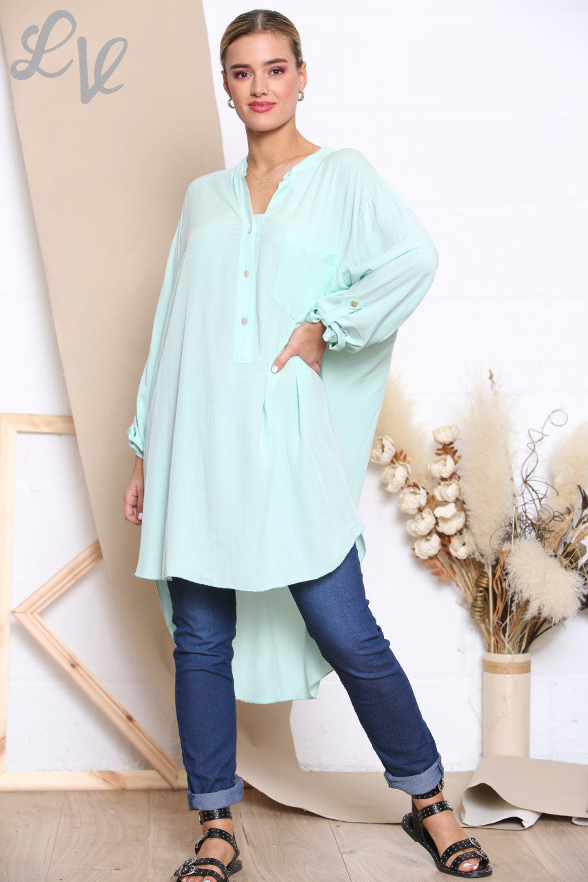Dames Longline Floaty Overhemd met Grandad Kraag Mint