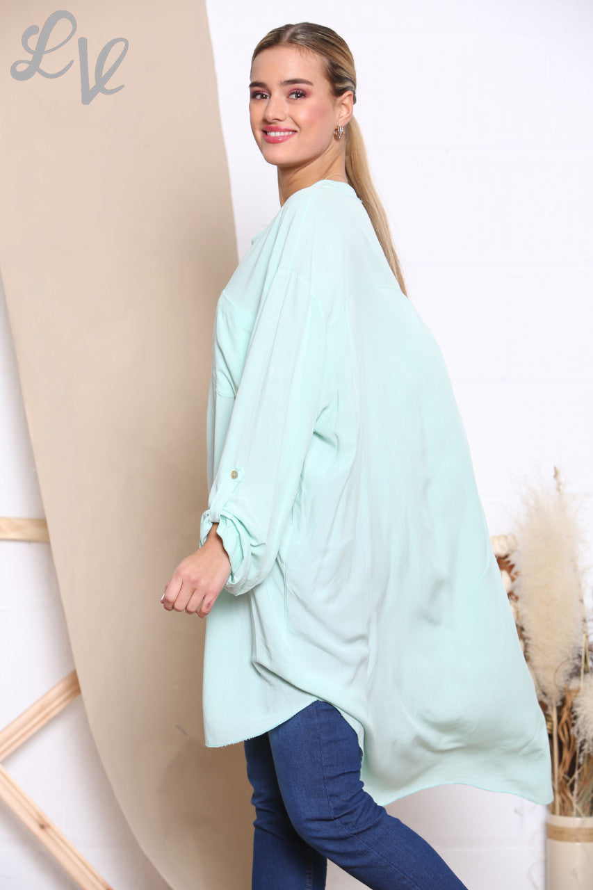 Dames Longline Floaty Overhemd met Grandad Kraag Mint