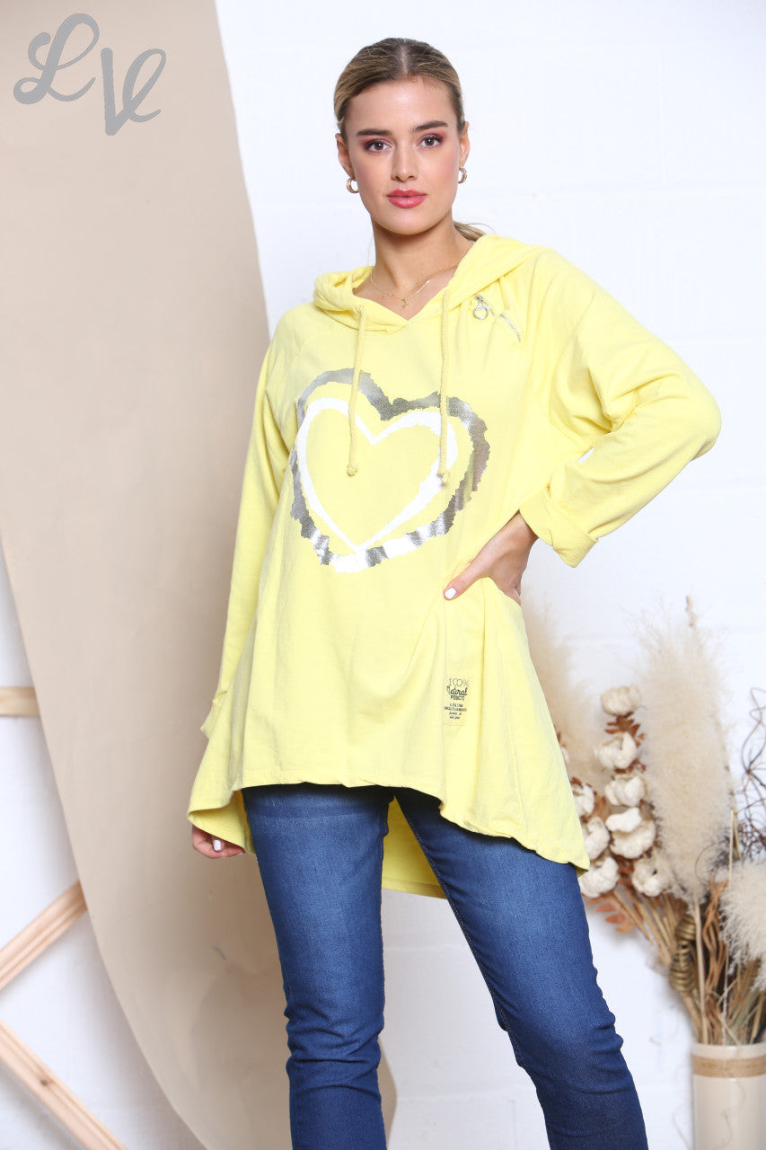 Ladies Foil Double Heart Hooded Sweatshirt Top Lemon
