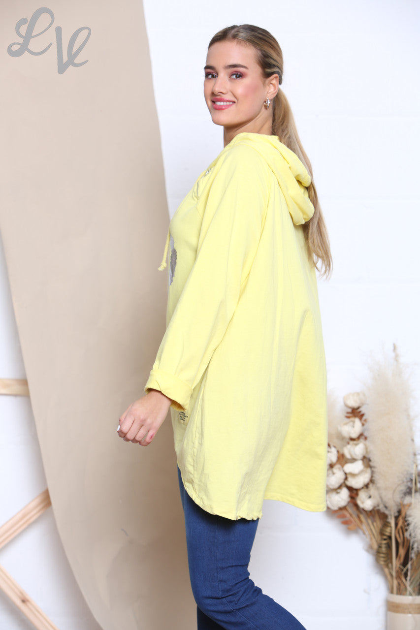 Ladies Foil Double Heart Hooded Sweatshirt Top Lemon