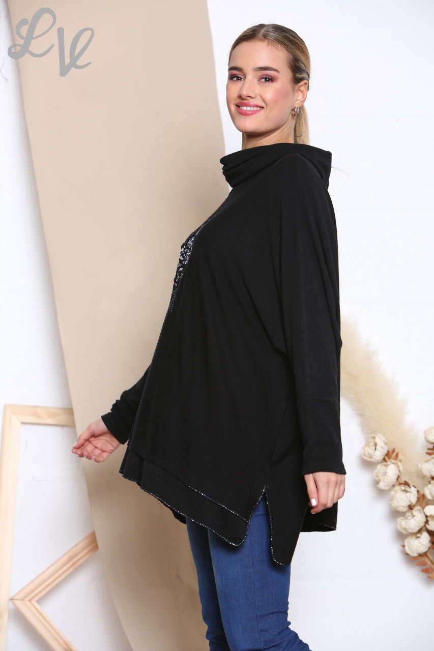 Ladies Sequin Star Fine Knit Cowl Neck Jumper Top Black