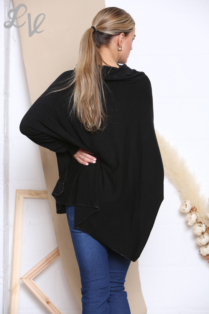 Ladies Sequin Star Fine Knit Cowl Neck Jumper Top Black