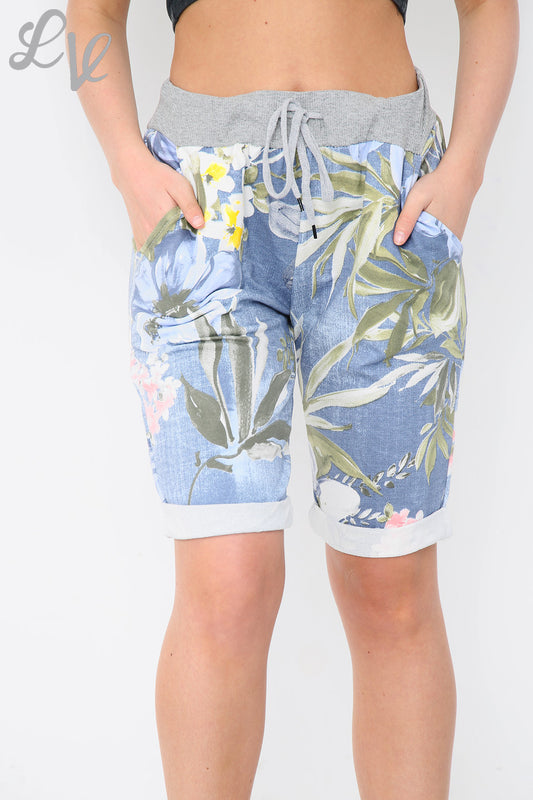Dames short met bloemen- & bladprint spijkerstof - Stukprijs € 5,99