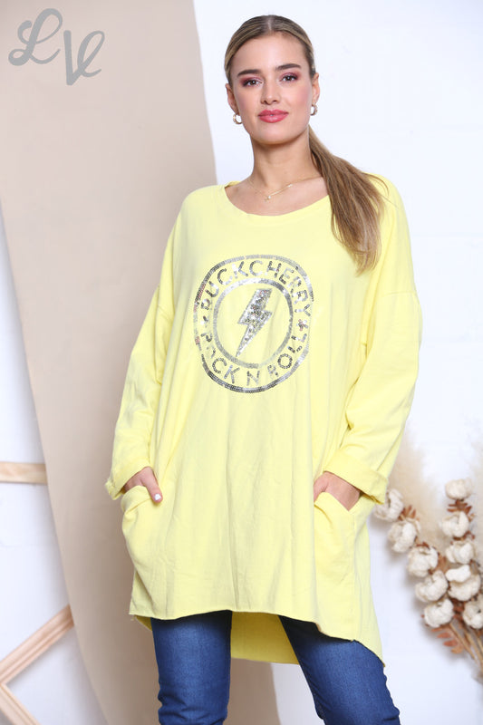 Ladies Sequin Rock N Roll Graphic Sweatshirt Top Lemon