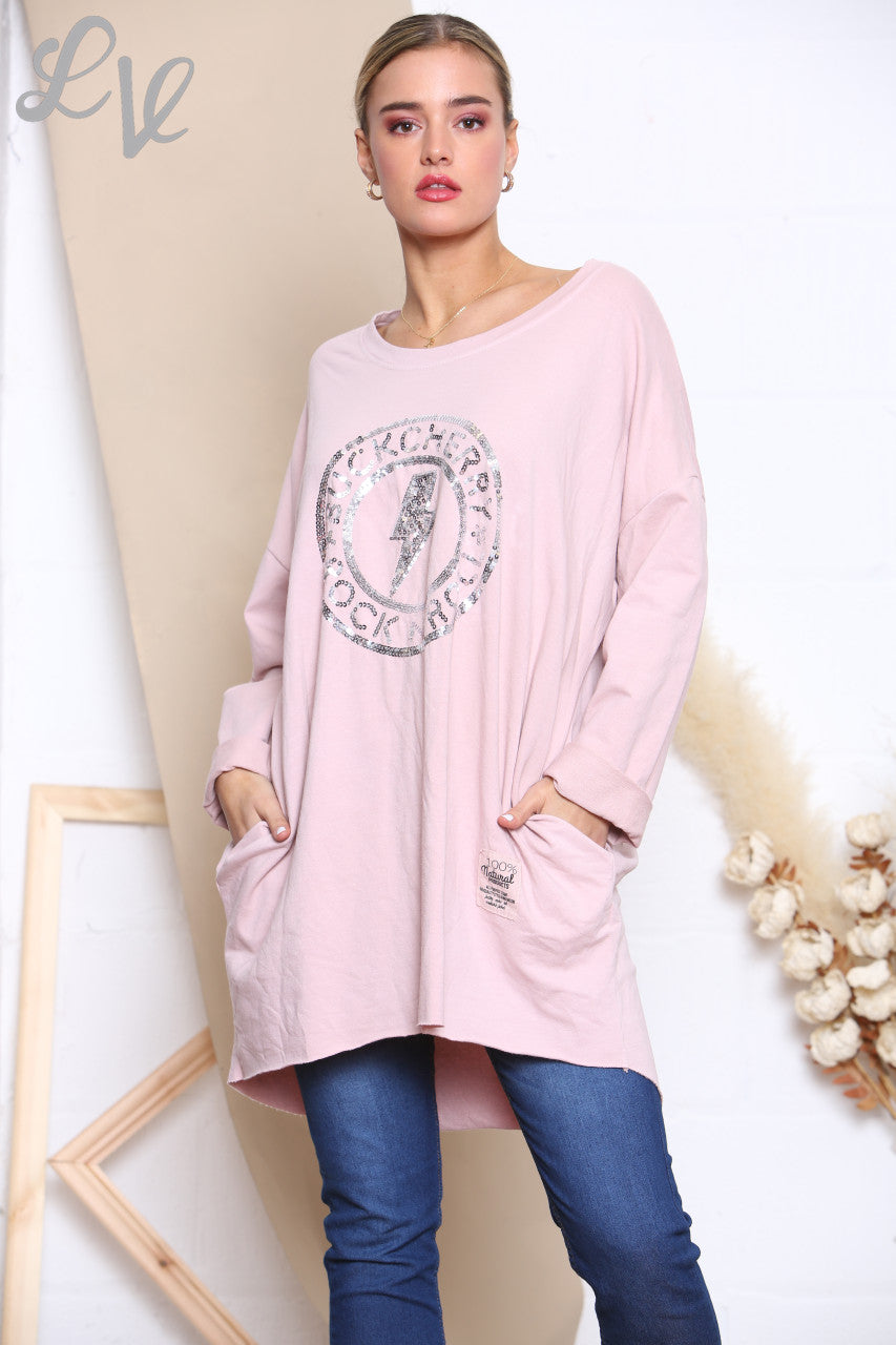 Ladies Sequin Rock N Roll Graphic Sweatshirt Top Dusty Pink