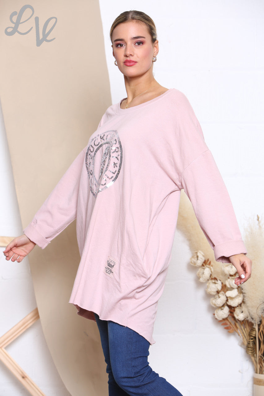 Ladies Sequin Rock N Roll Graphic Sweatshirt Top Dusty Pink