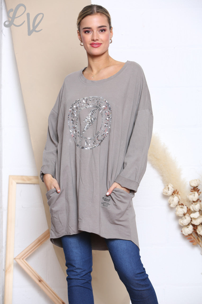 Ladies Sequin Rock N Roll Graphic Sweatshirt Top Taupe