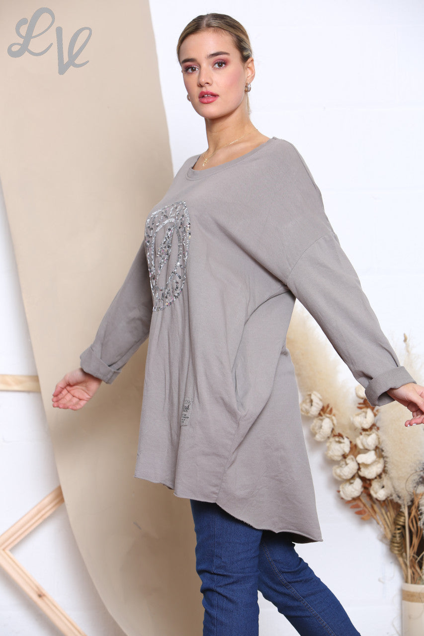 Ladies Sequin Rock N Roll Graphic Sweatshirt Top Taupe