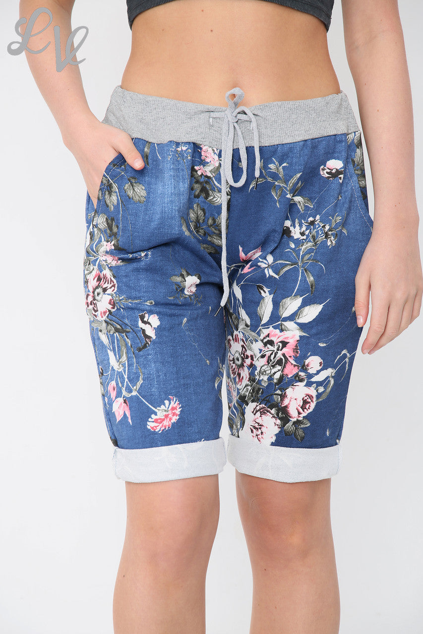 Dames Plus Size Bloemen Shorts Marineblauw - Stukprijs € 6,50