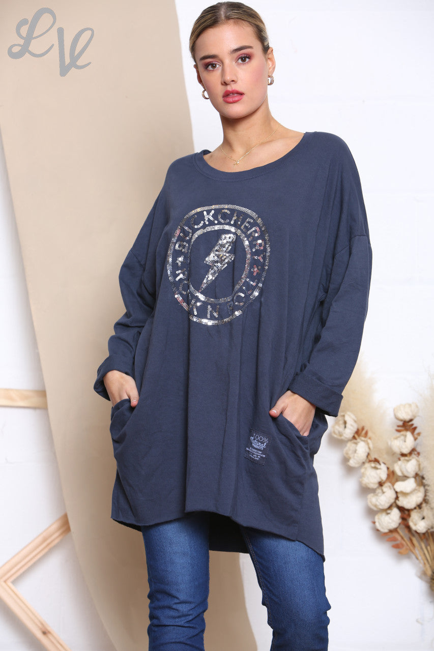 Ladies Sequin Rock N Roll Graphic Sweatshirt Top Navy