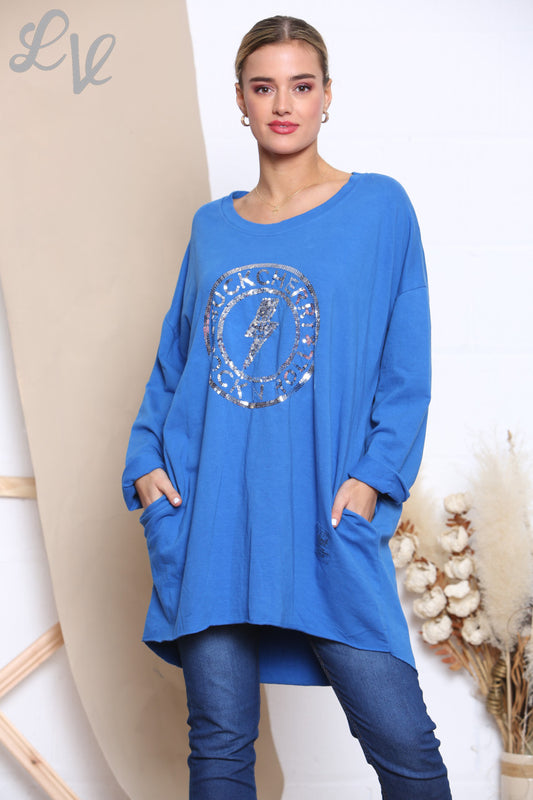 Ladies Sequin Rock N Roll Graphic Sweatshirt Top Royal Blue