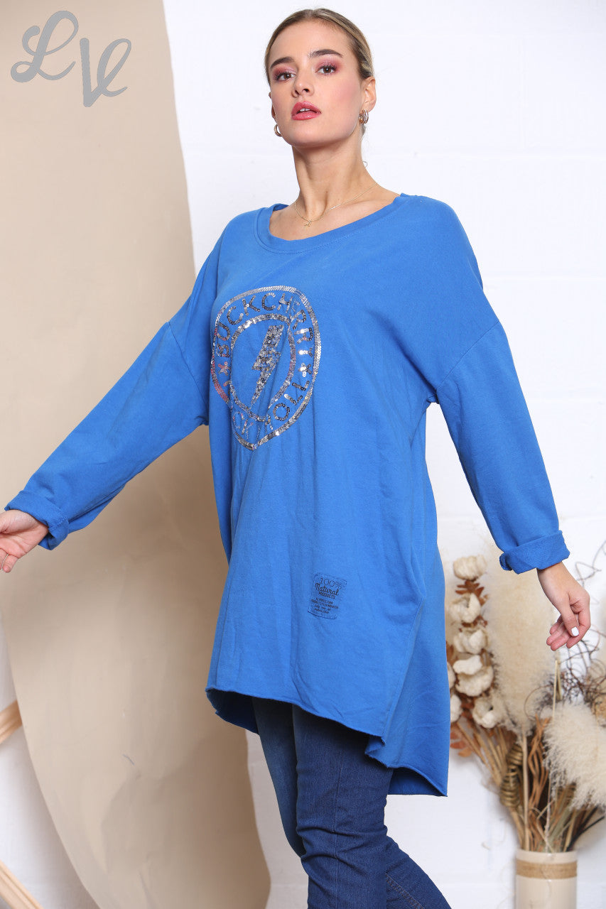 Ladies Sequin Rock N Roll Graphic Sweatshirt Top Royal Blue