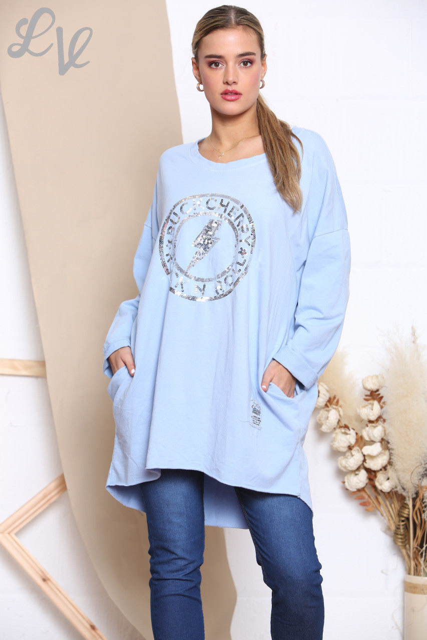 Ladies Sequin Rock N Roll Graphic Sweatshirt Top Sky Blue