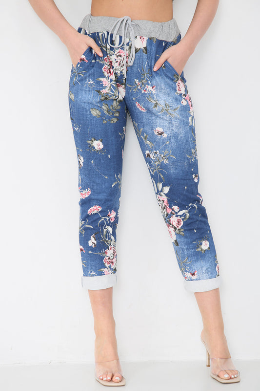 JOGGINGBROEK MET BLOEMENPRINT - DENIM