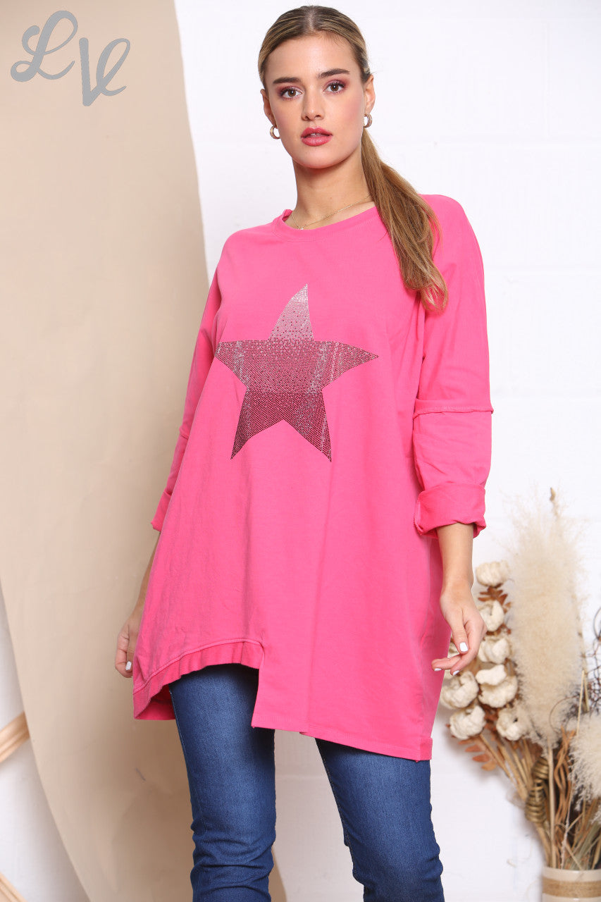 Ladies Sequin Ombre Sweatshirt Top Cerise