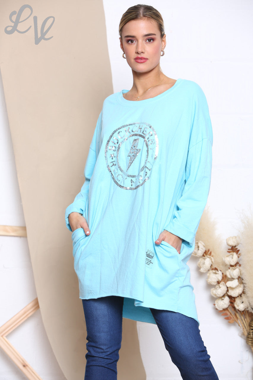 Ladies Sequin Rock N Roll Graphic Sweatshirt Top Turquoise