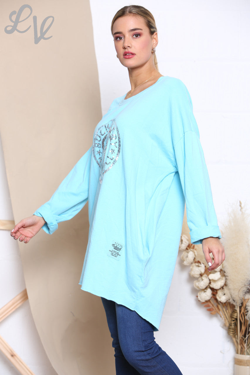 Ladies Sequin Rock N Roll Graphic Sweatshirt Top Turquoise