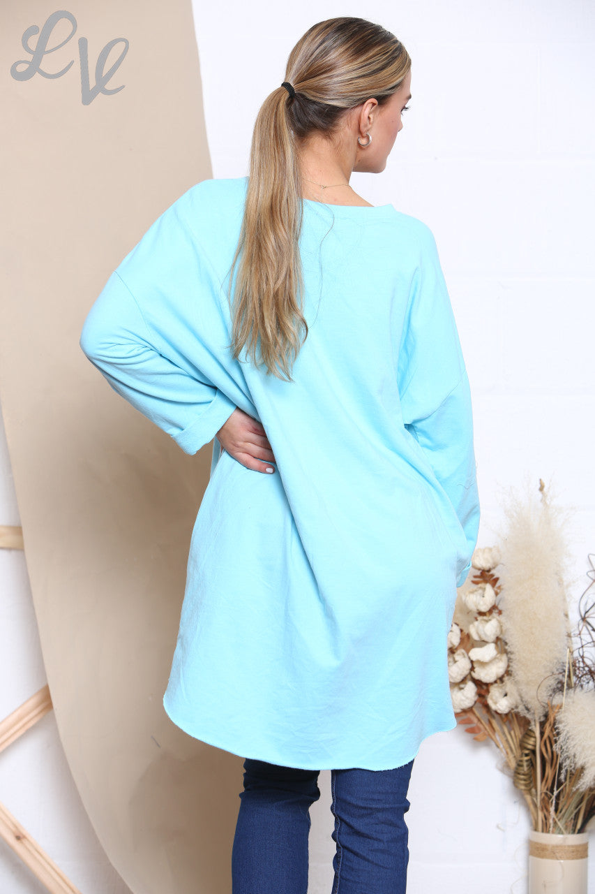 Ladies Sequin Rock N Roll Graphic Sweatshirt Top Turquoise