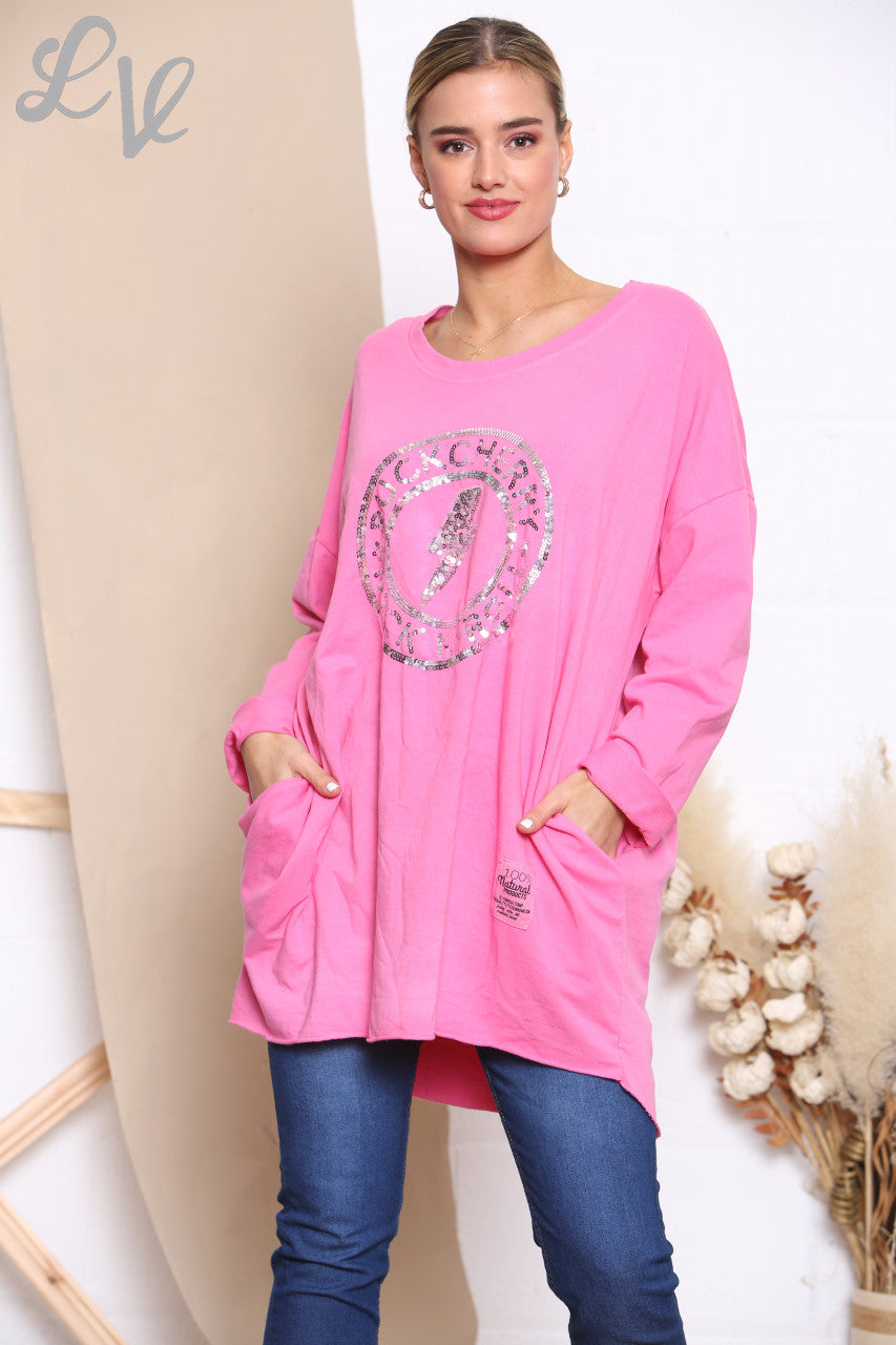 Dames pailletten Rock N Roll grafisch sweatshirt top Cerise