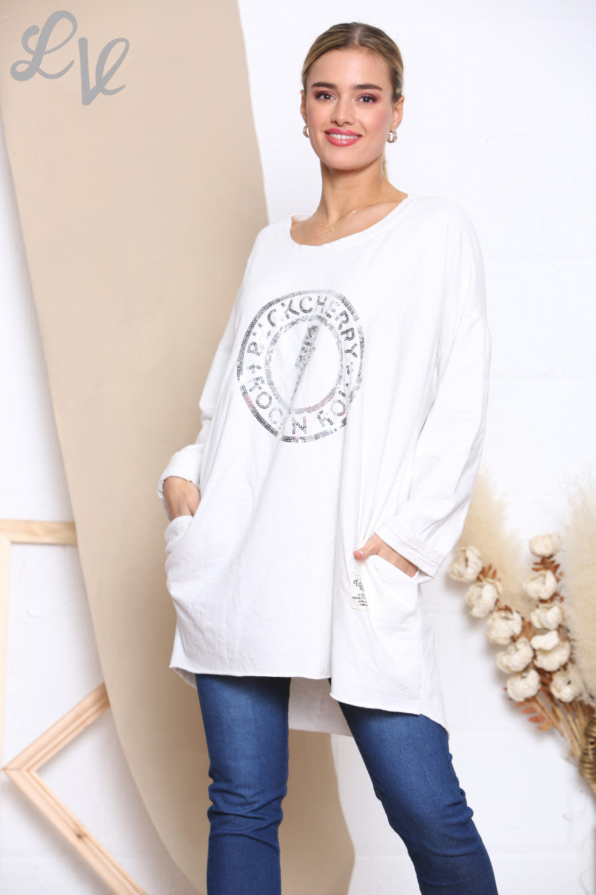 Dames Sequin Rock N Roll Graphic Sweatshirt Top Wit