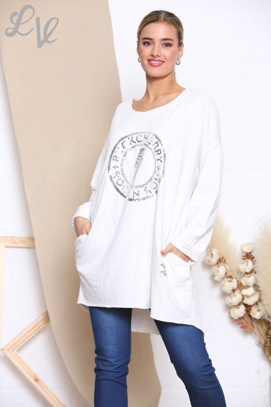 Ladies Sequin Rock N Roll Graphic Sweatshirt Top White