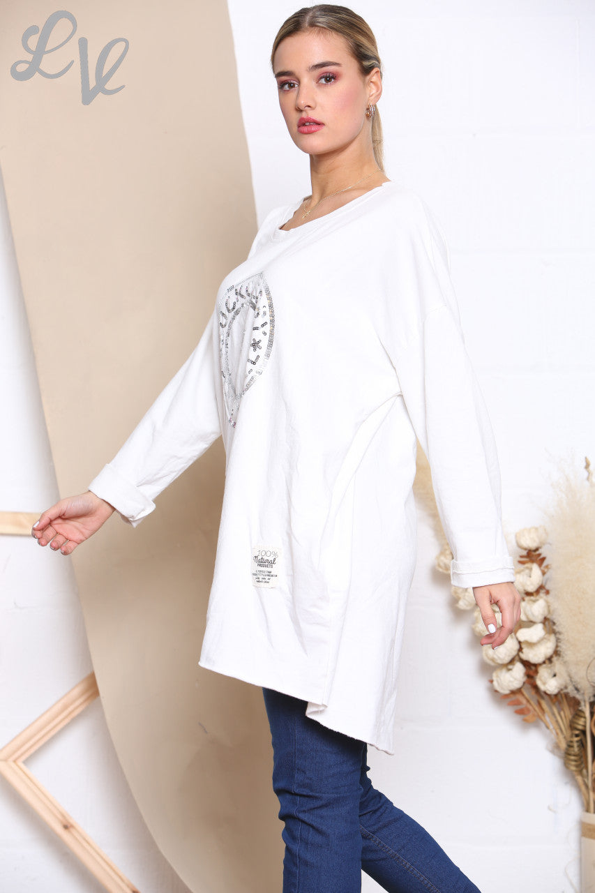 Dames Sequin Rock N Roll Graphic Sweatshirt Top Wit